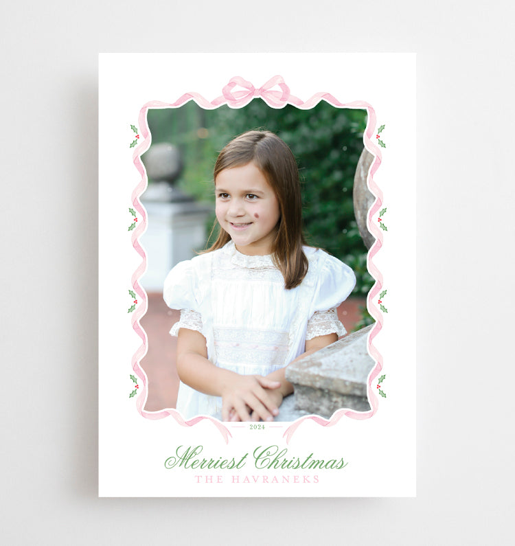 Bow and Holly Watercolor Christmas Holiday Card