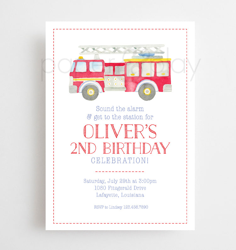 Watercolor Firetruck Invitation