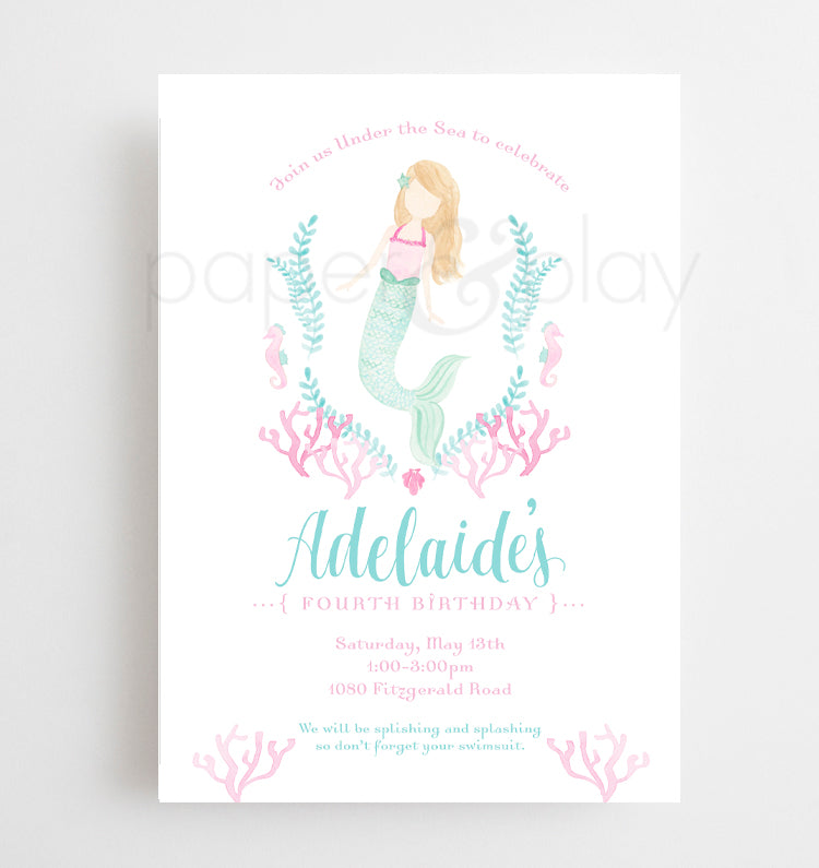 Watercolor Mermaid Invitation - DIGITAL