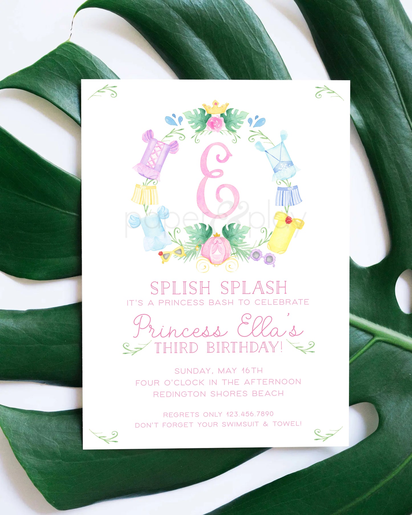 Watercolor Princess Swim Crest Invitation