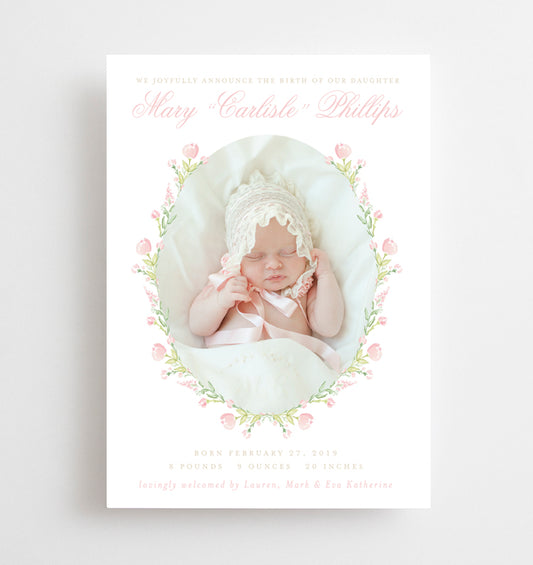 Watercolor Floral Wreath Birth Announcement