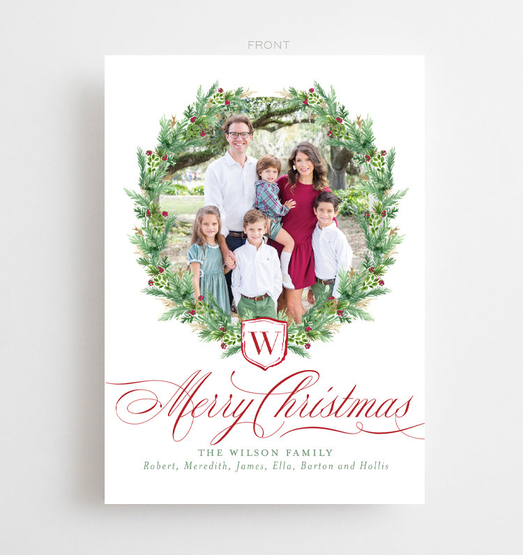 Watercolor Burgundy Wreath Crest Christmas Cards