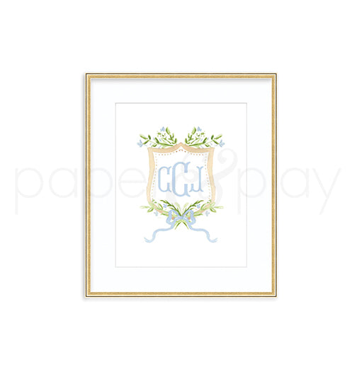 Watercolor Blue Floral Crest Art Print