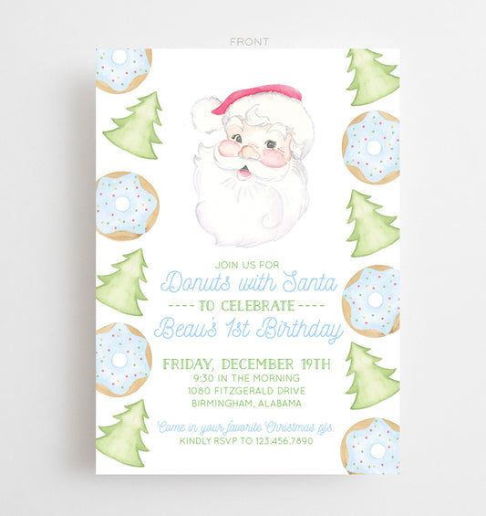 Watercolor Donuts with Santa Invitation - Blue
