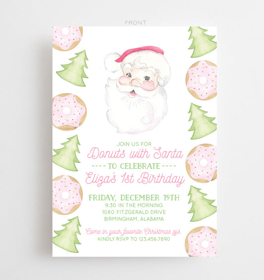 Watercolor Donuts with Santa Invitation - Pink