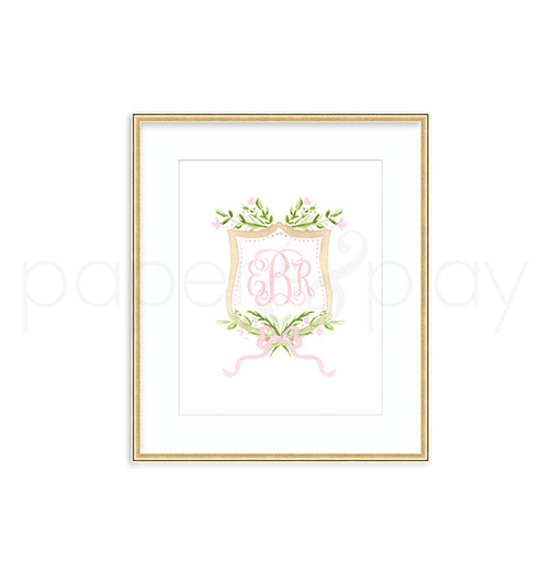 Watercolor Pink Floral Crest Art Print