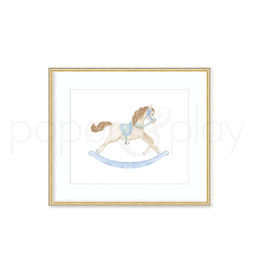 Watercolor Rocking Horse Art Print - Blue