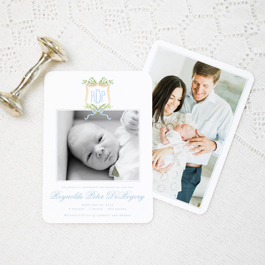 Watercolor Blue Floral Crest Birth Announcement