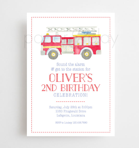 Watercolor Firetruck Invitation