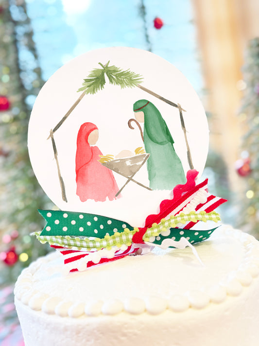 Watercolor Nativity Cake Topper (red & green)