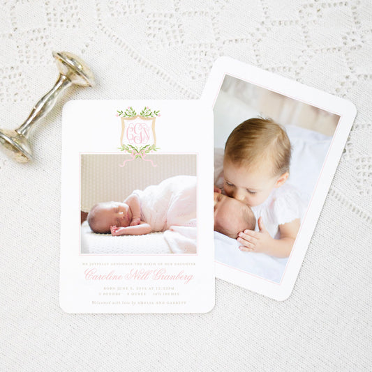 Watercolor Pink Floral Crest Birth Announcement